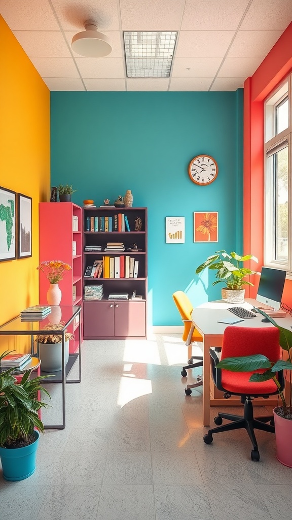 A brightly colored small office with teal and yellow walls, colorful furniture, and plants.