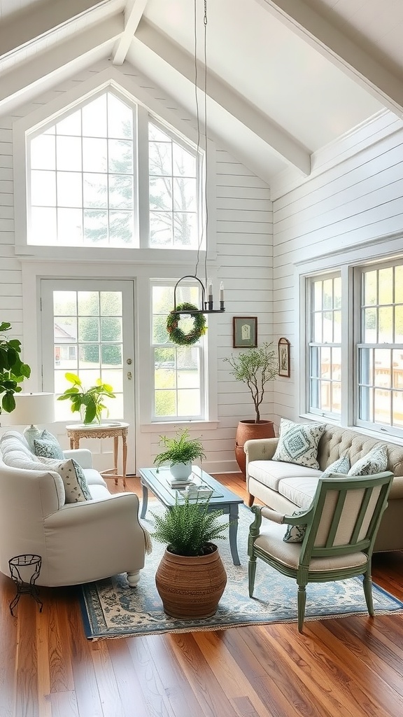 Bright farmhouse living room with vintage decor and plants.