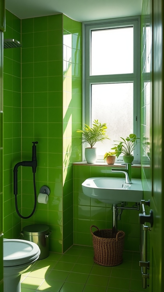 A bright green bathroom featuring vibrant tiles, a modern sink, and plants in natural light.