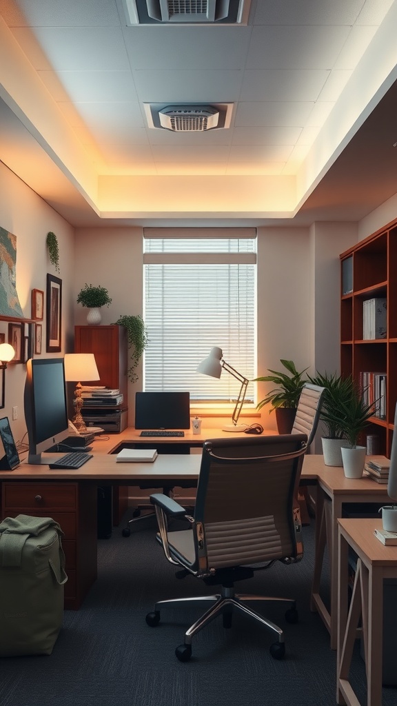 A well-lit home office with a desk, computer, plants, and ample natural light.