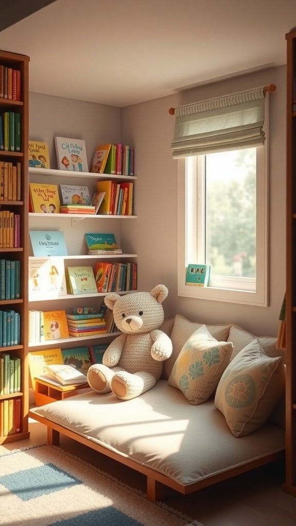 A cozy reading nook for kids with colorful bookshelves, a teddy bear, and a comfortable seating area.