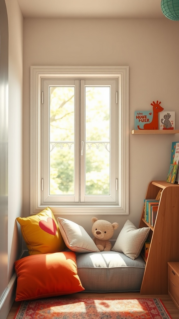 A cozy reading nook with colorful cushions, a teddy bear, and a bookshelf by the window.