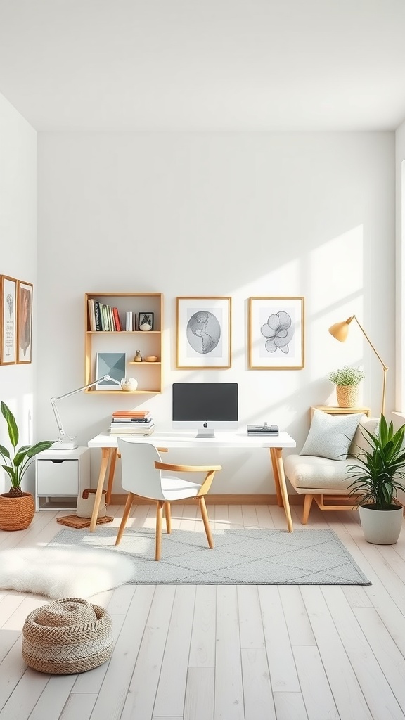 A bright Scandinavian home office featuring a desk, chair, couch, and plants.