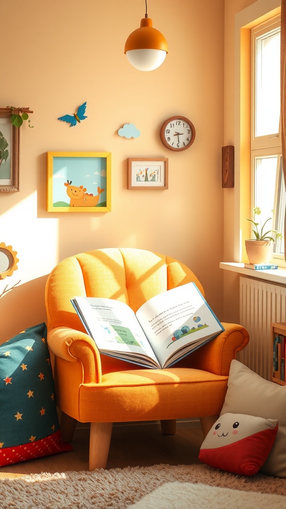 A bright orange chair with an open book on it, surrounded by colorful decorations and cushions