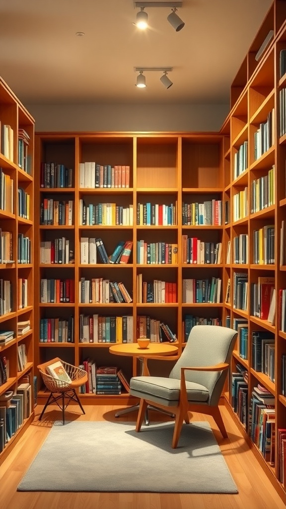 A cozy reading nook with bright wooden shelves, a comfortable chair, and a small table ready for books.