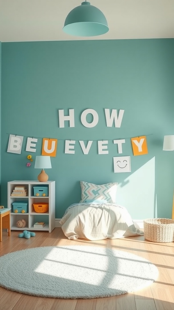 Bright teal kids room with cozy bed, decorative banner, and playful decor