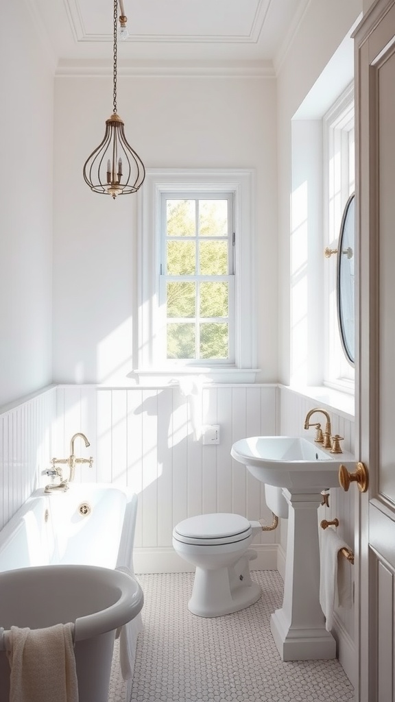 Light and airy bathroom with bright white walls and elegant gold fixtures.