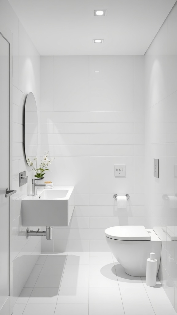 A modern bathroom featuring bright white tiles and fixtures.