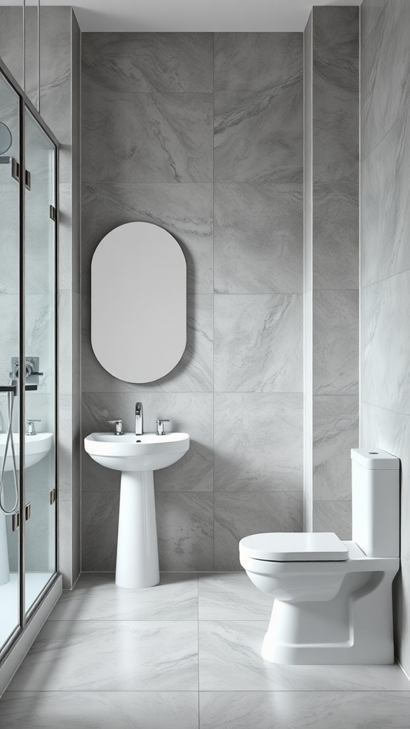 A modern gray and white bathroom featuring bright white fixtures, including a pedestal sink and a toilet.