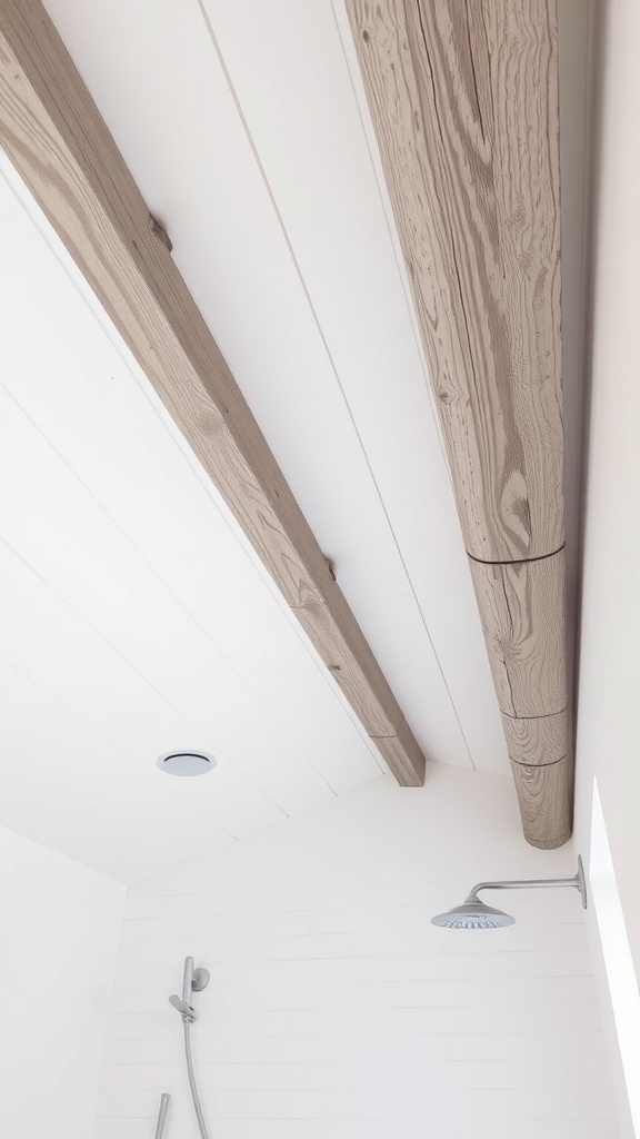 Bright white ceiling with gray wooden beams in a modern bathroom