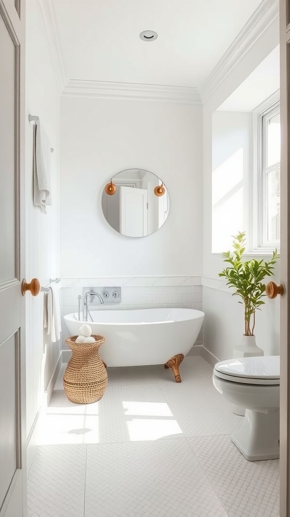 Bright white bathroom with a freestanding tub, round mirror, and natural light