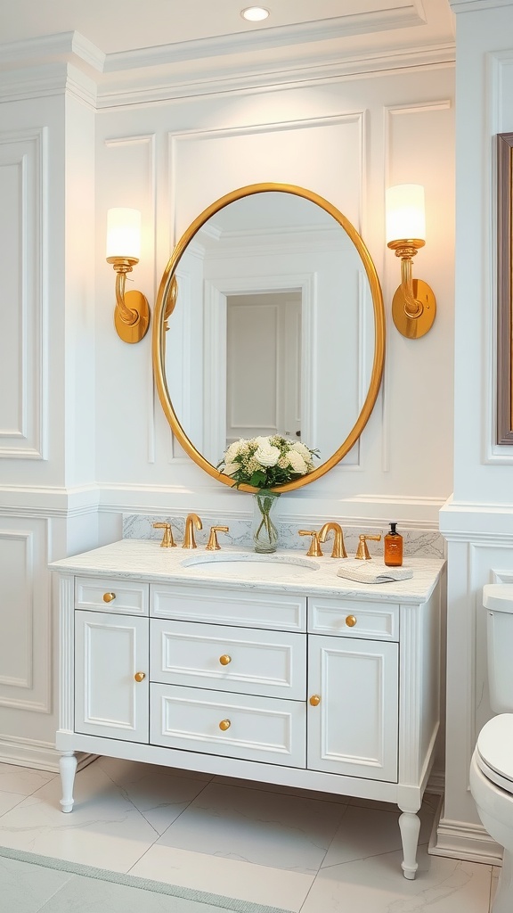 A bright white bathroom vanity with gold accents, featuring a marble countertop and round gold-framed mirror.