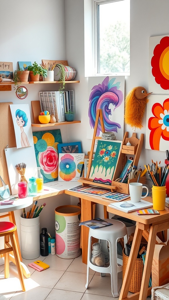 A colorful creative workspace filled with art supplies, paintings, and plants.