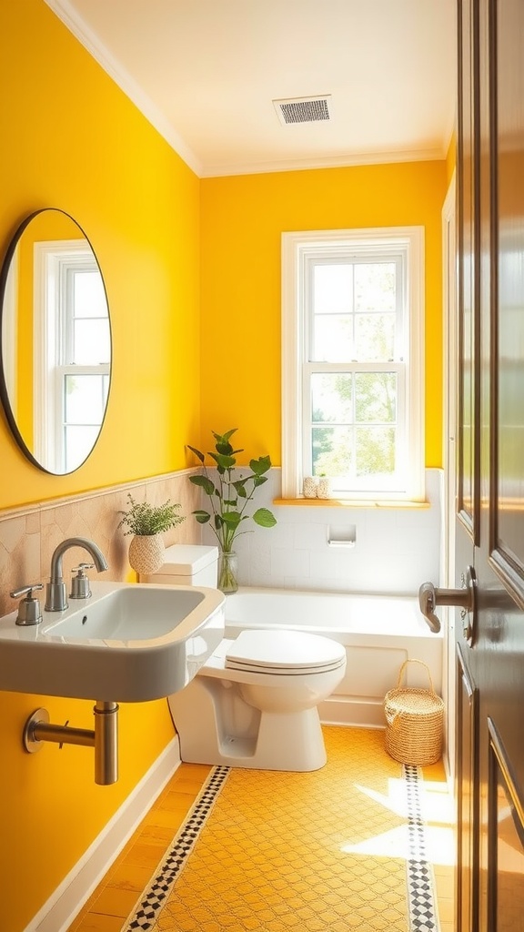 A small bathroom with bright yellow walls, a round mirror, a white sink, and natural light coming through the window.