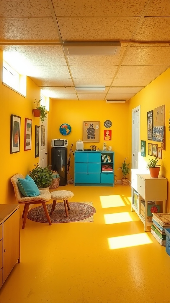 Bright yellow painted basement with colorful decor and furniture
