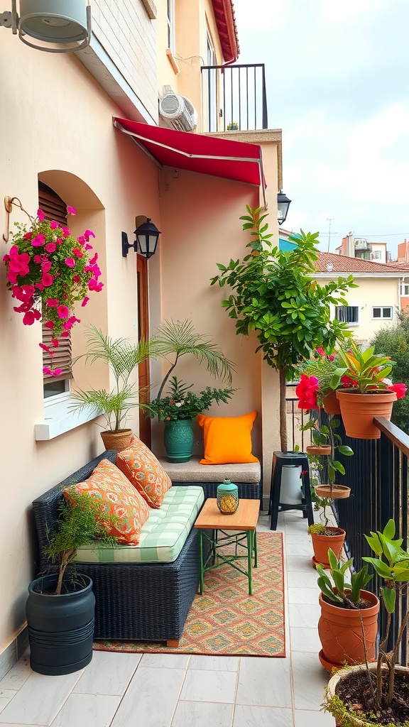 A small balcony decorated with colorful cushions, plants, and a patterned rug