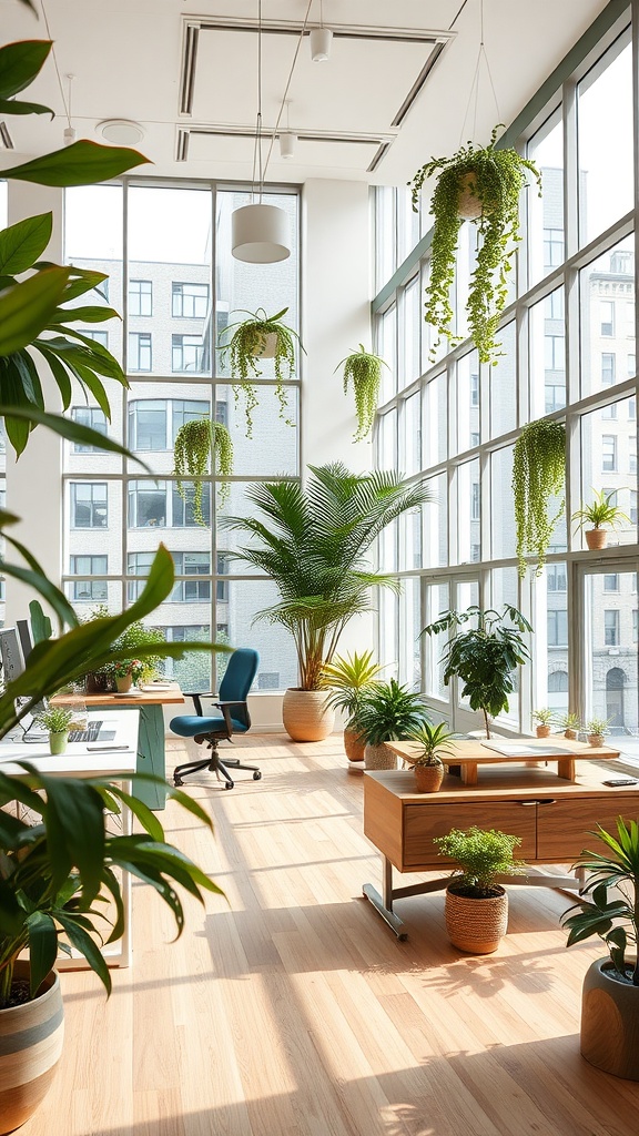 Bright modern office with large windows, wooden furniture, and various indoor plants.