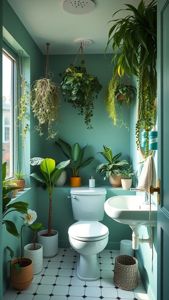 A small bathroom with fresh green walls, hanging plants, and potted greenery creating a nature-inspired atmosphere.