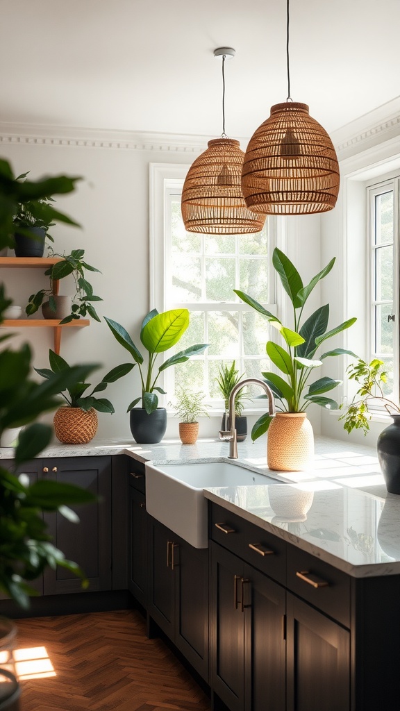 A bright kitchen with woven wood pendant lights above the sink, surrounded by greenery and modern cabinetry.