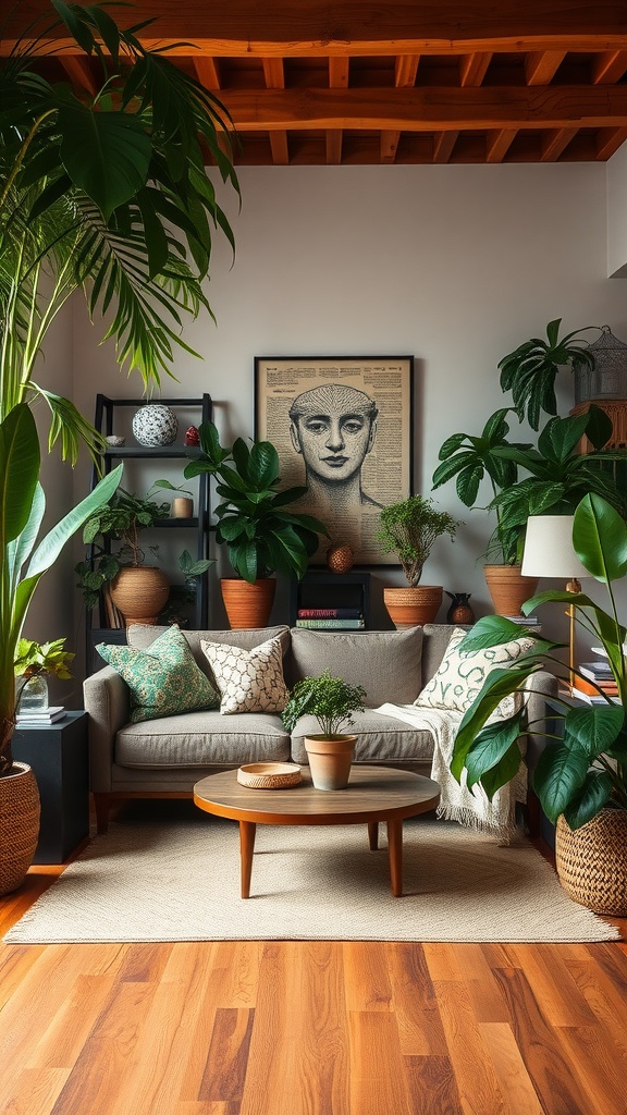 Cozy living room with various plants and a modern design