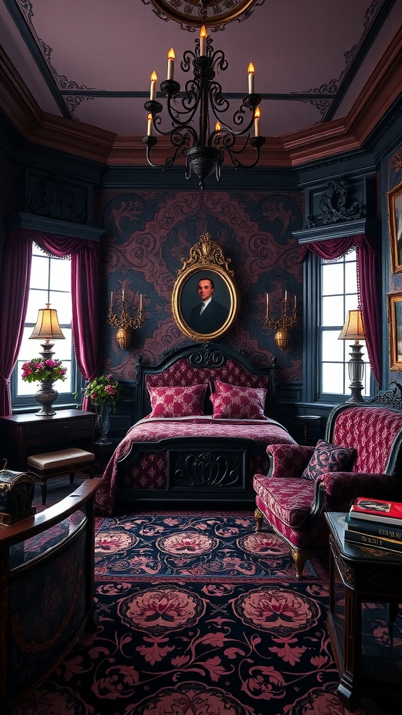 A lavish goth bedroom featuring brocade upholstered furniture, rich colors, and intricate patterns.