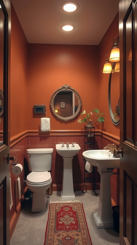 A small bathroom featuring brown walls, a round mirror, and elegant lighting.