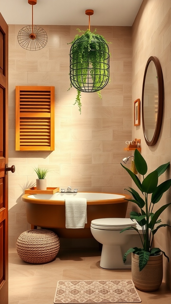 A cozy brown-themed bathroom with a bathtub, plants, and warm lighting.