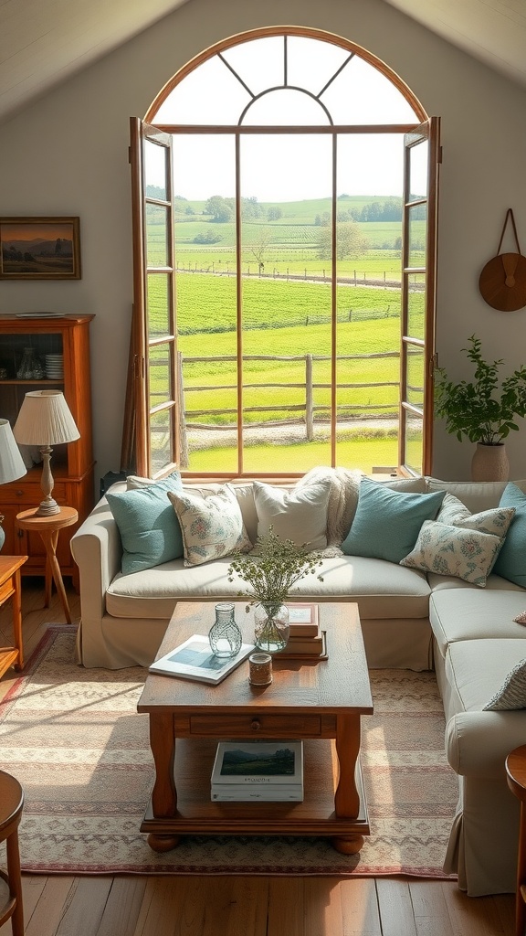 A rustic farmhouse living room with a view of green hills through large arched windows.