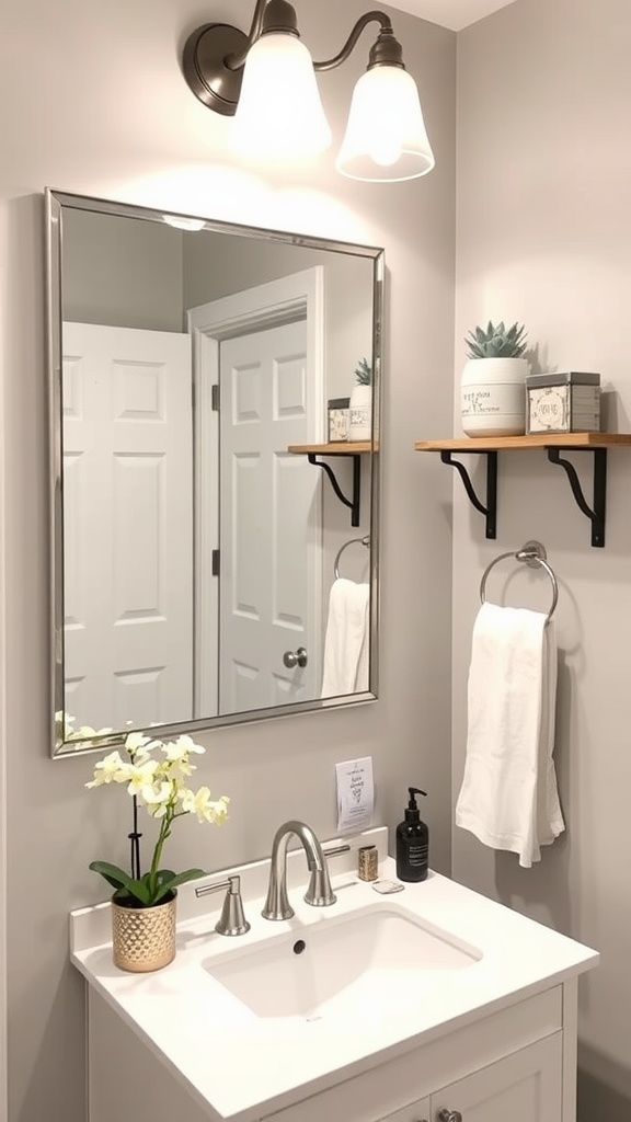 A stylish powder room featuring a white vanity, sleek sink, modern mirror, and decorative elements.