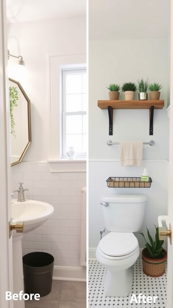 Before and after images of a bathroom makeover, showcasing a cluttered space transformed into a stylish and functional area.