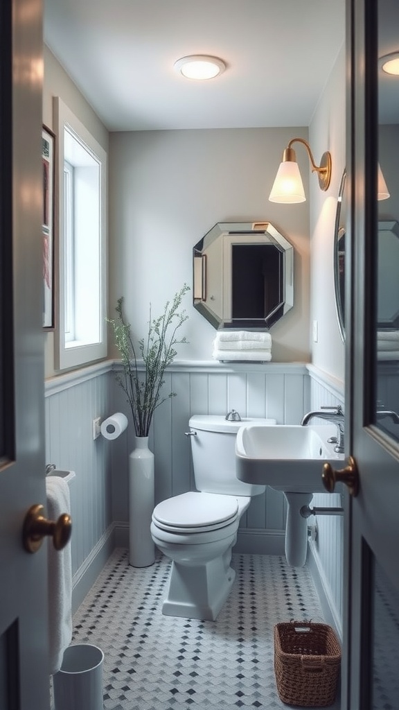 A small, stylish bathroom featuring light colored walls, modern fixtures, and decorative accents.