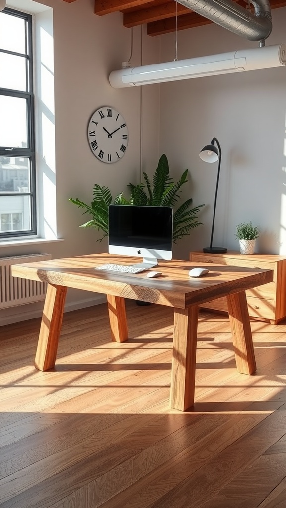 A beautifully crafted wooden desk in a bright home office with a computer, plant, and natural light