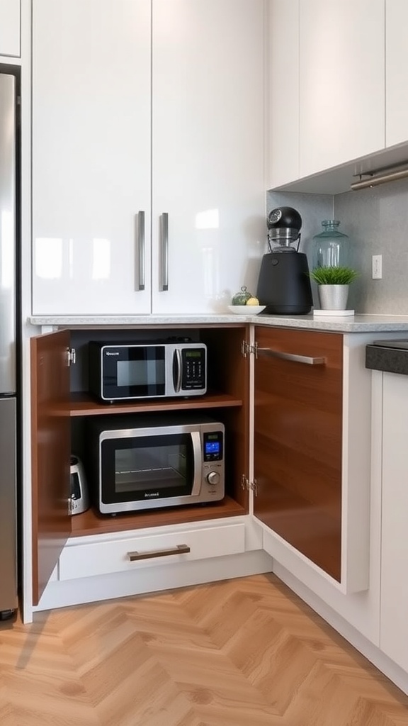 Built-in appliance garage in a modern small apartment kitchen featuring microwave and other gadgets