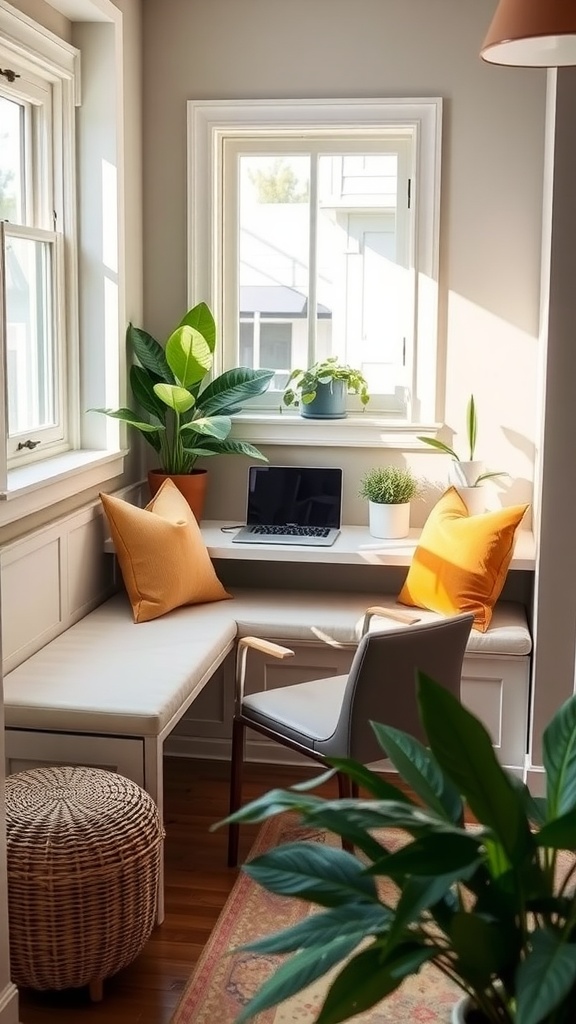 A cozy built-in banquette desk with cushions and plants, designed for a home office nook.
