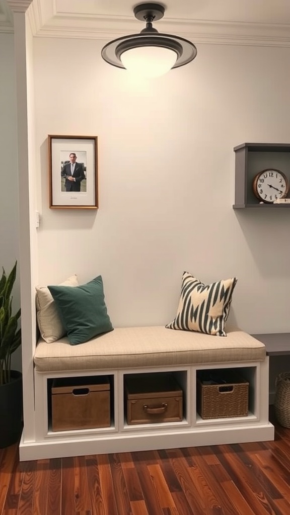 A cozy built-in bench with storage, featuring decorative pillows and plants in a stylish home office guest room.
