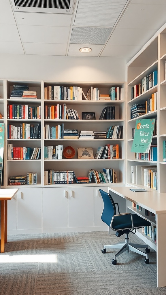 A modern office with built-in bookcases filled with books and a workspace area