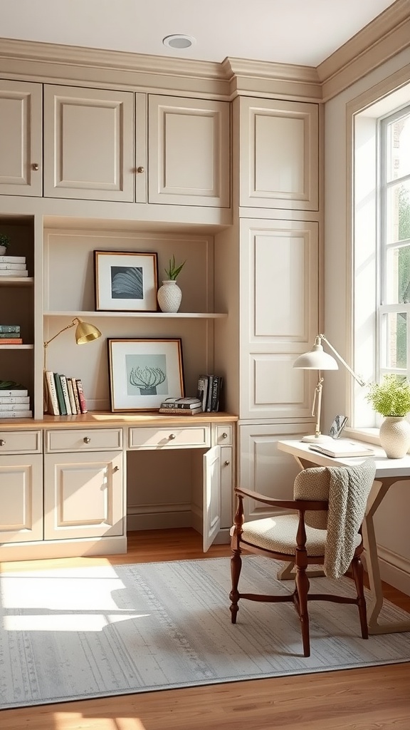 A cozy home office featuring built-in cabinets and a desk, with a warm beige color palette and decorative elements.