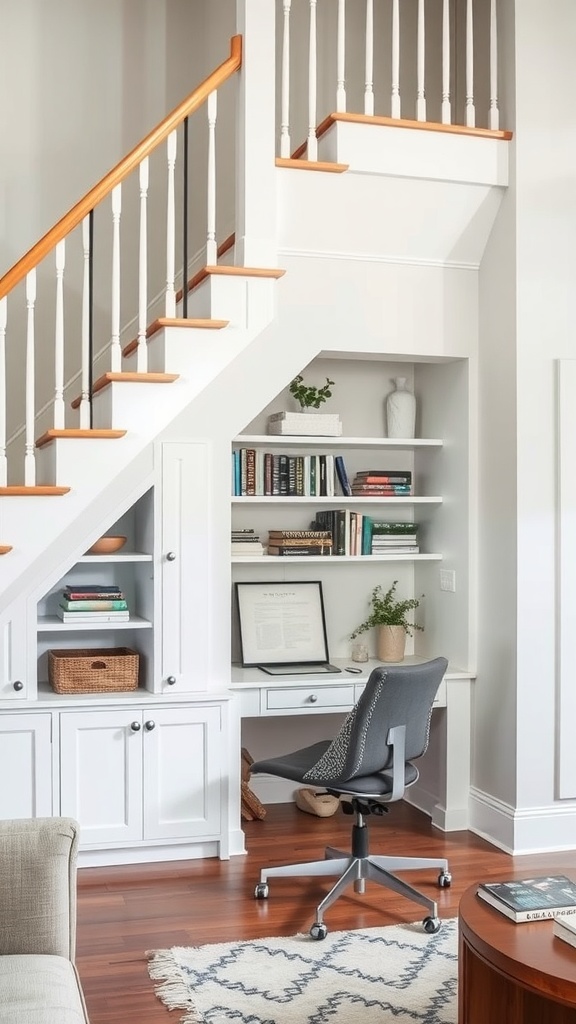 A built-in desk located beneath a staircase, featuring shelves for storage and a comfortable chair.