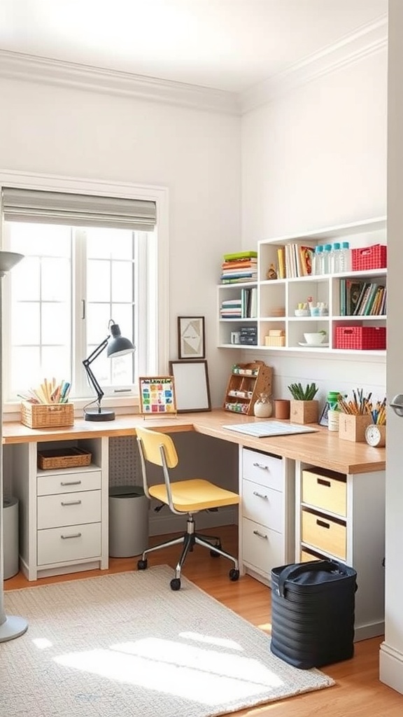 A cozy craftroom with a built-in desk featuring wooden surfaces, bright shelves, and a comfortable yellow chair.