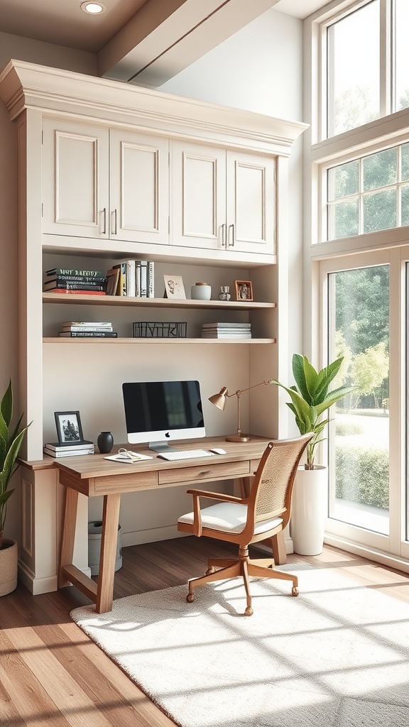 A stylish built-in desk with natural light, featuring a wooden desk, computer, and plants.