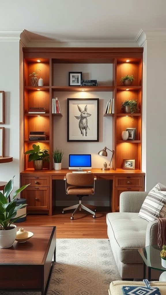A cozy built-in desk with bookcases in a living room, featuring plants and decorative items
