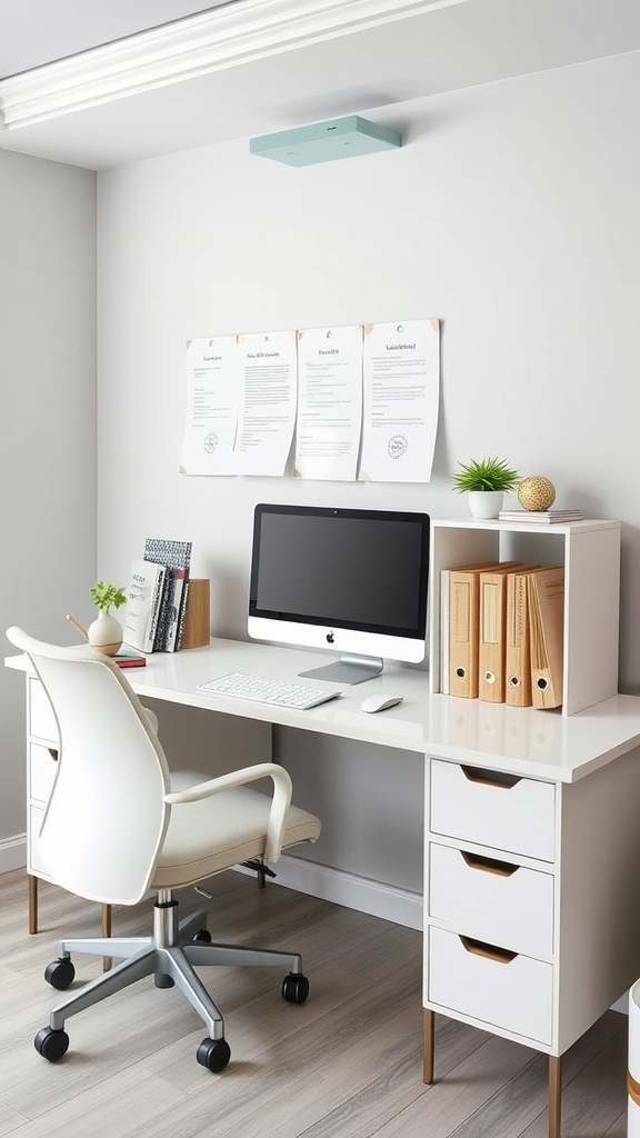 A modern office setup with a white desk, a computer, and built-in file organizers.