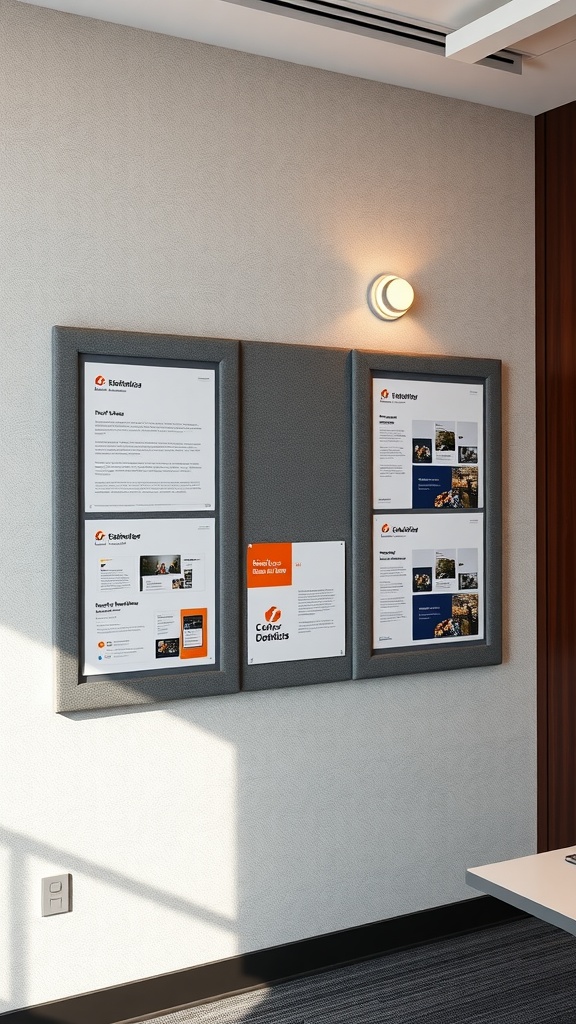 An office wall featuring built-in foam boards displaying important documents and presentations.