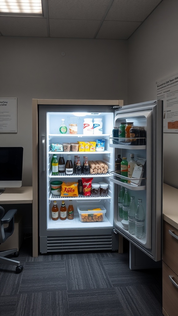 An organized built-in fridge in an office with various drinks and snacks.