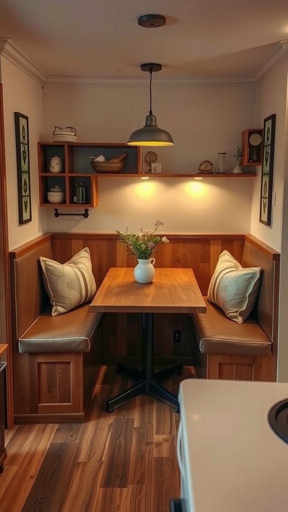 A cozy built-in kitchen booth with comfortable seating and wooden accents.