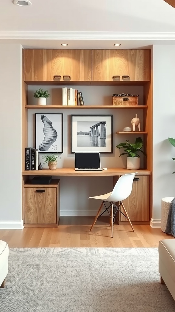 A cozy built-in desk in a living room with shelves and decorative items