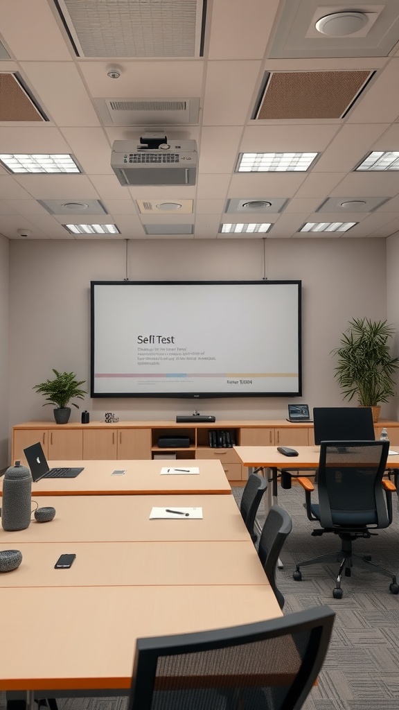 An office meeting room featuring a built-in projector screen and neatly arranged furniture.