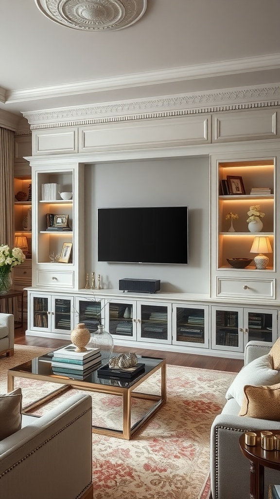 A modern luxury living room featuring a built-in shelving unit around a television.