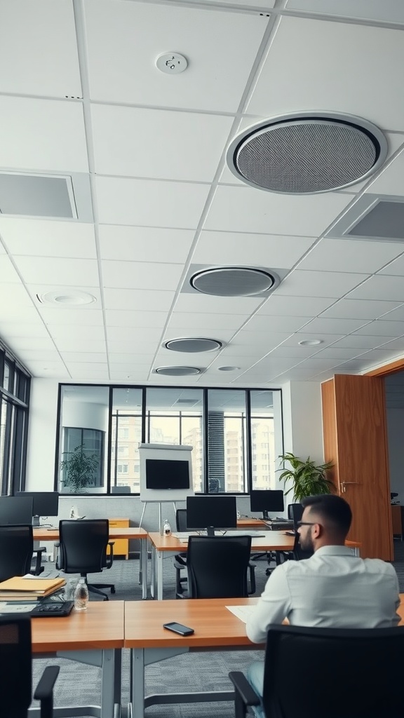 An office with built-in ceiling speakers, featuring a modern design and a person sitting at a desk.