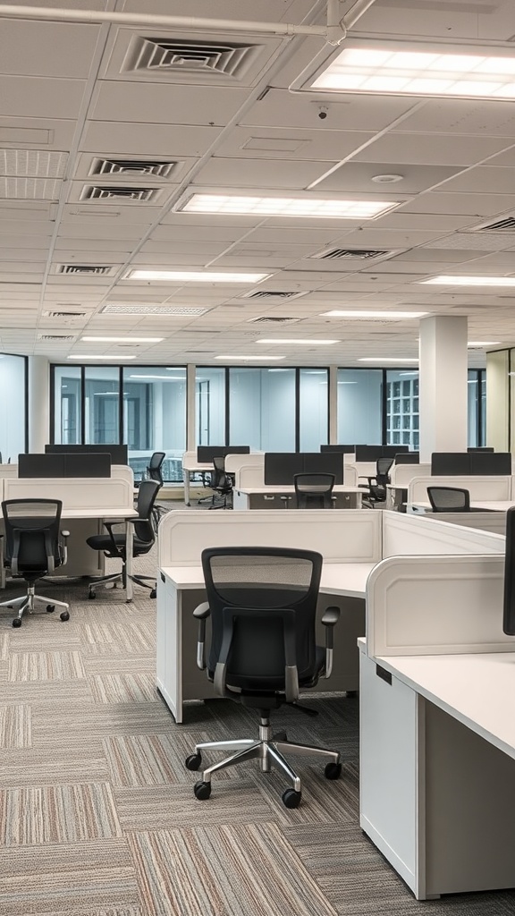 A modern office space with built-in task chairs and desks arranged for flexibility and collaboration.
